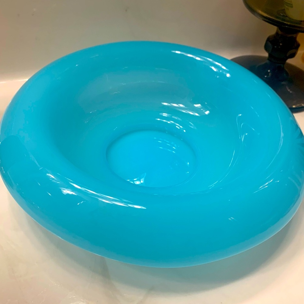 Beautiful blue opaline Fenton bowl 9” rolled edged